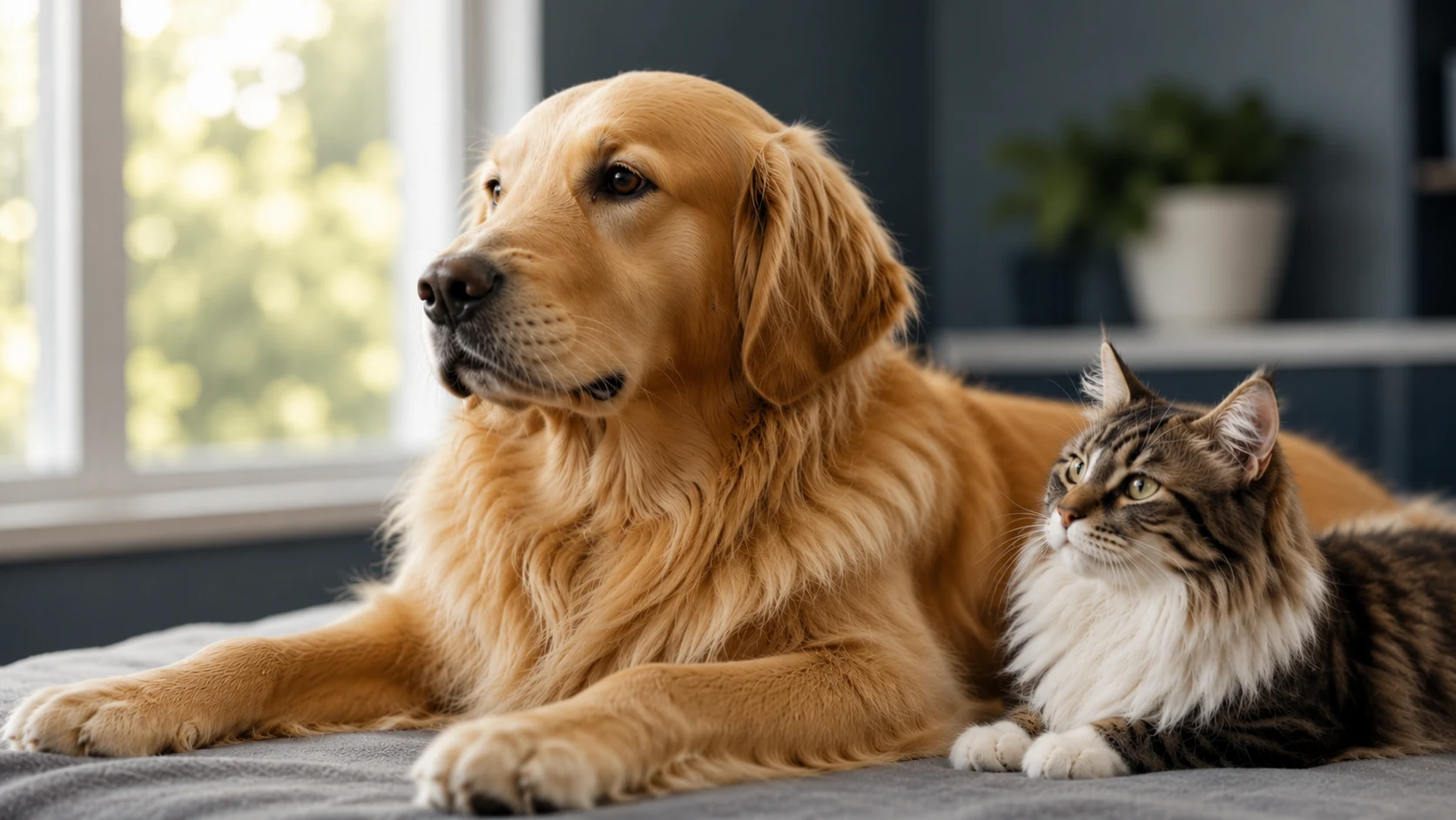 A golden retriever and a cat resting calmly together at CARE