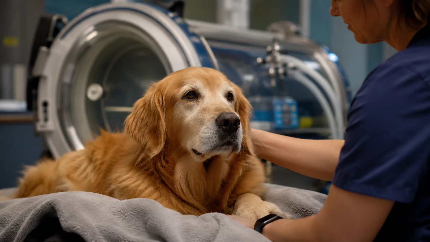 A senior golden retriever resting calmly with a CARE veterinary team member